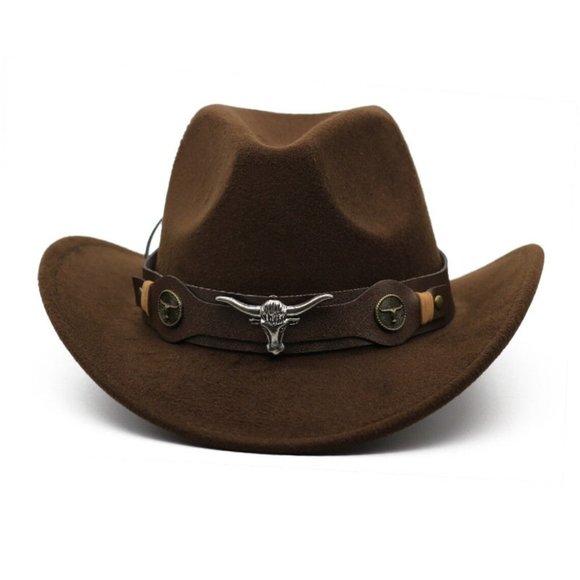 Other - Brown Western Cowboy,‎ Cowgirl Hat, Bull Horns Strap, Men Women Retro Wide Brim